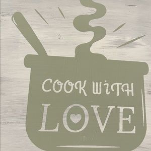 10” x 10” wooden wall hanging “cook with love” with picture hanger